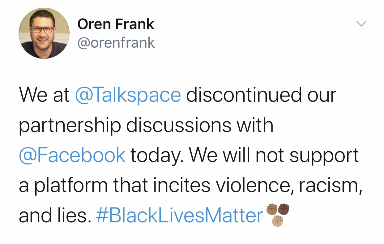 Talkspace, Pulls Plug On Facebook Deal Citing “We will not support a platform that incites violence, racism and lies”